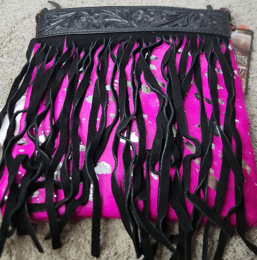 American Darling Black and Pink Crossbody Fringe Concealed Gun Carry Bag